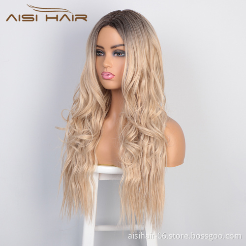 Aisi Hair Wholesale Cheap Vendor Ombre Blonde Body Wave Wigs Long Wavy Lace Frontal Wigs Synthetic Hair Wigs For Black Women